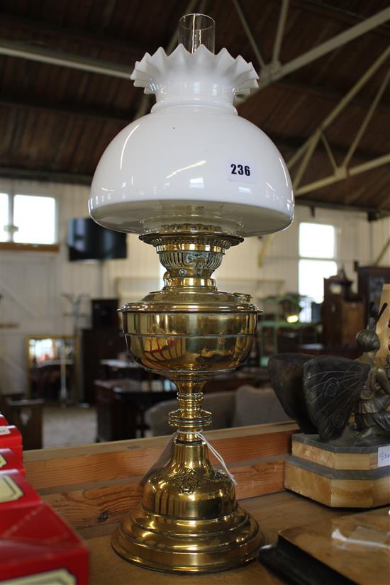 Victorian brass oil lamp with opaque shade
